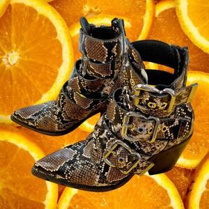 Jeffrey Campbell Hunt The Plains Snakeskin Buckle Cut-Out Boots Brown Womens 7.5